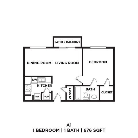 A 1 bedroom apartment with 1 bathroom and a total area of 676 sqft.